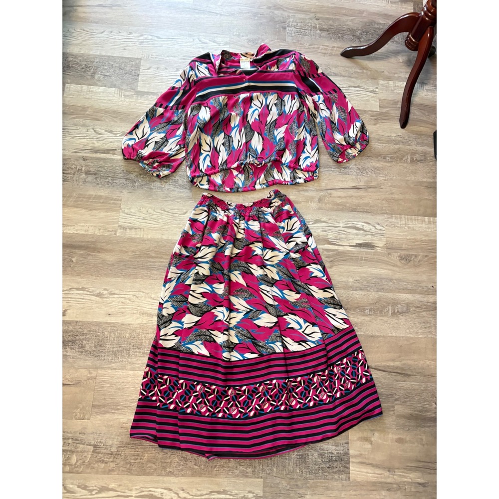 Vintage 80s Diane Freiss 2 Piece Set Magenta Abstract Georgette Skirt Top Set